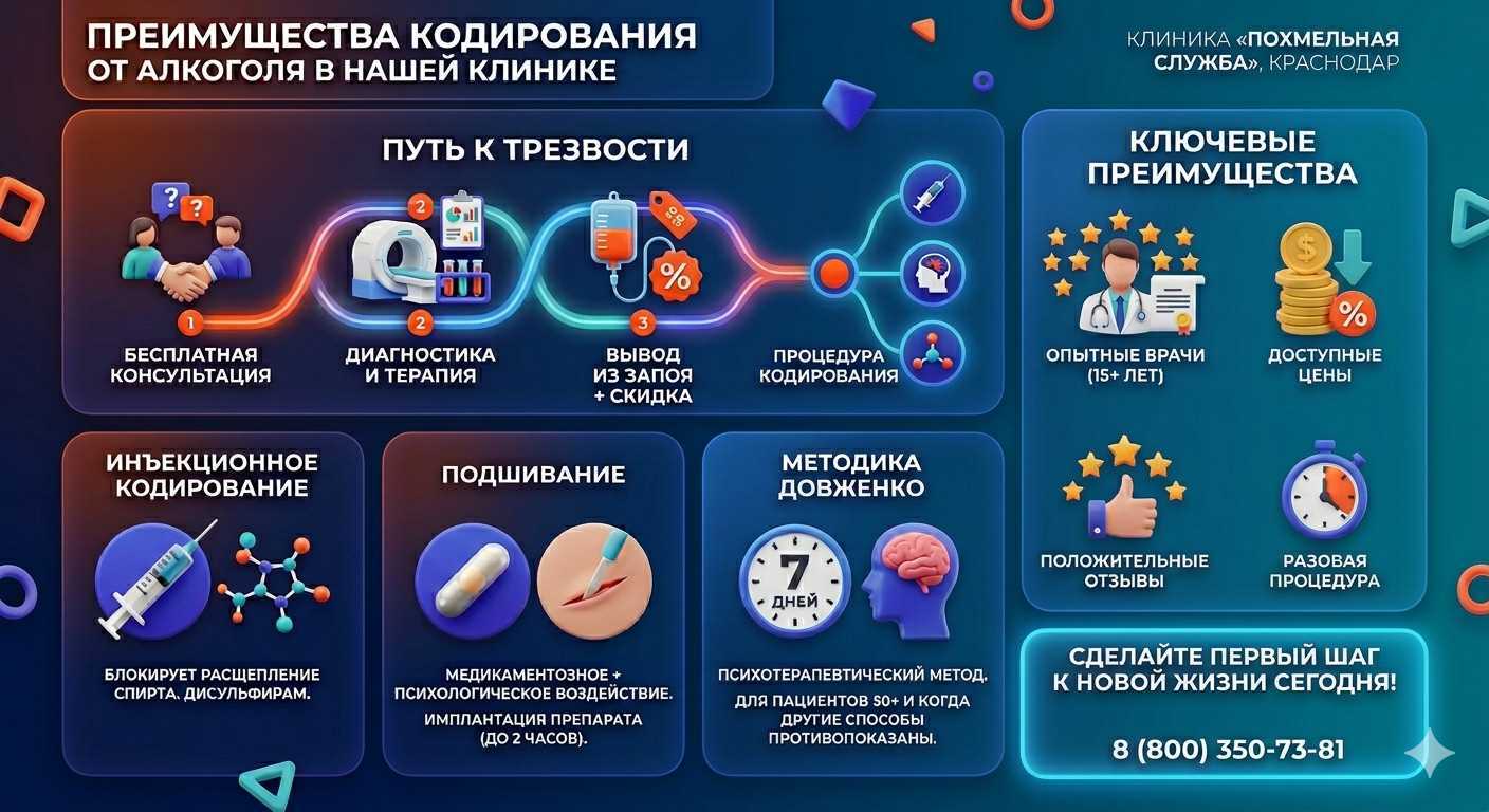 Инфографика о методах кодирования от алкоголя в городе Сольцы: инъекции, подшивание, метод Довженко. Преимущества клиники и этапы лечения.